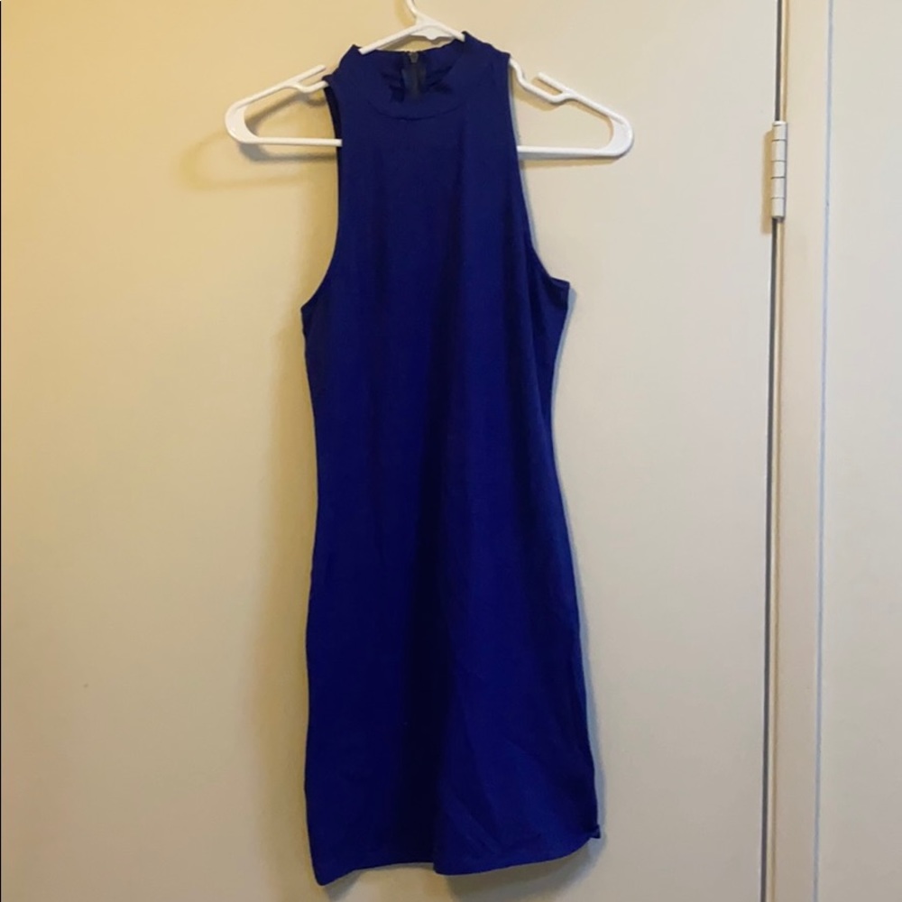 Blue body con high neck dress